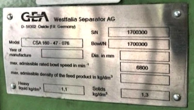 Westfalia CSA 160-47-076 hermetic super-clarifier, SS.