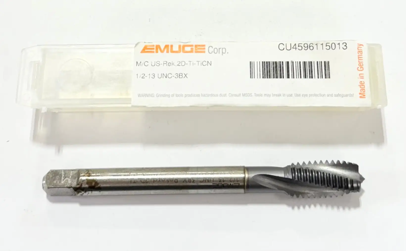 EMUGE 1/2"-13 UNC Cobalt Spiral Flute Tap Modified Bottoming TiCN 3FL