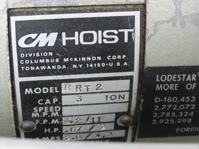 CM Lodestar RRT2 3 Ton Electric Chain Hoist 2 Speed 14' Lift Power Trolley 460V