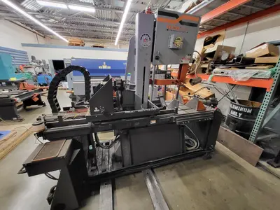 HE&M Vertical Bandsaw V100LM-45 with Infeed/Outfeed Conveyors