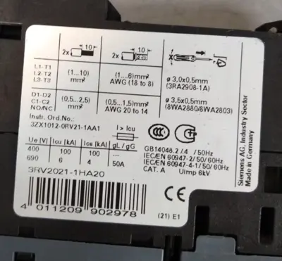 Siemens 3RV2021-1HA20 Breaker Motor Protector Loc 4D46