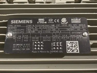 USED SIEMENS NEMA PREMIUM® AC MOTOR 10HP 3-PHASE TYPE GP100A