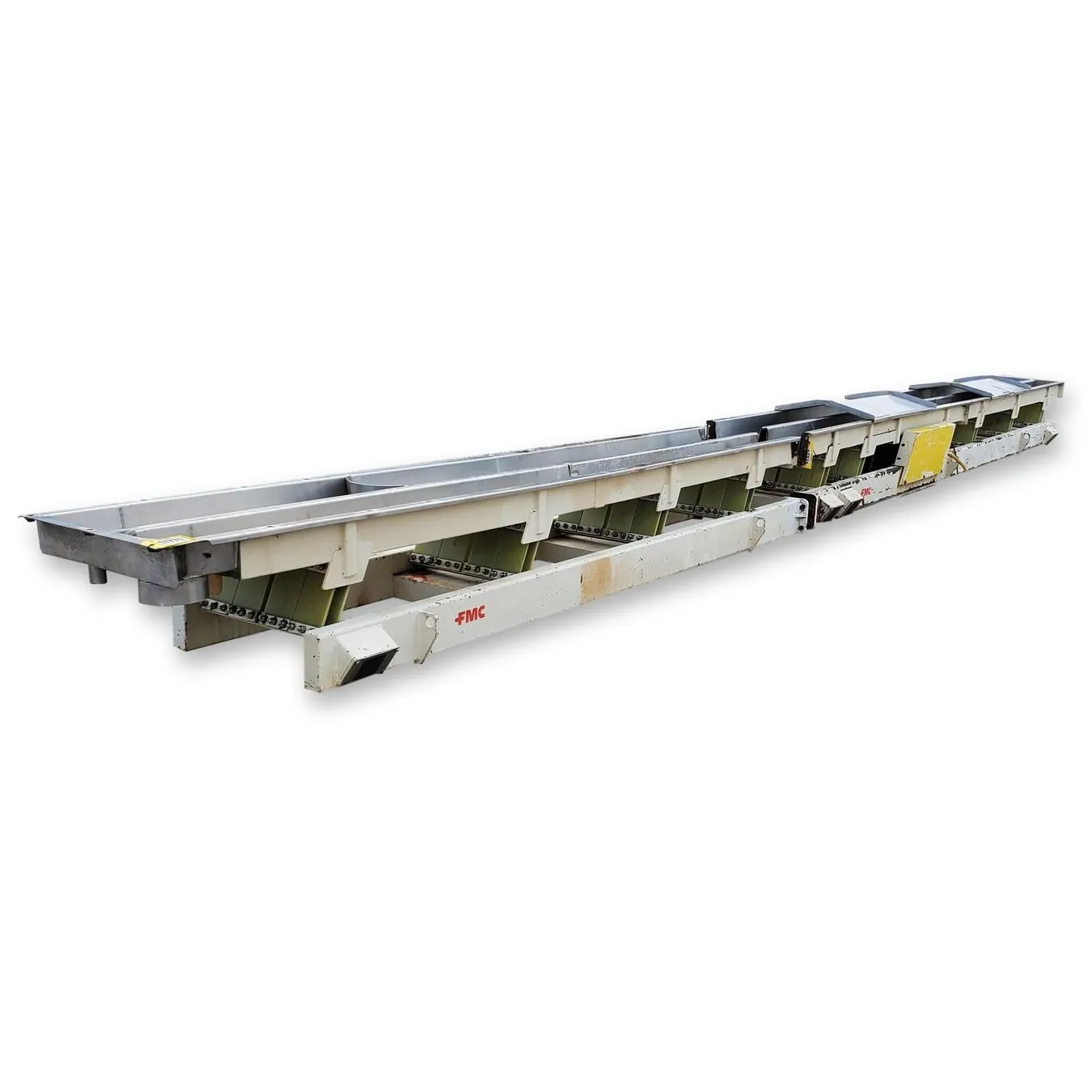 Used 18" wide x 33'-6" L FMC Stainless Steel Two-channel Vibrating Pan Conveyor