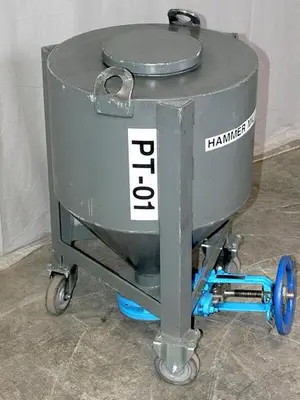 USED HEAVY DUTY 210 KG CONE BOTTOM TRANSFER TANK W/ WARREN 3" KNIFE GATE VALVE