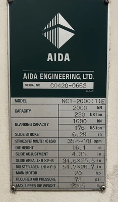 USED 2010 AIDA PRESSES AIDA NC1-2000(1)E PRESS