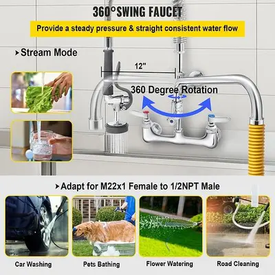 Commercial Pre-rinse Faucet Wall Mount Kitchen Sink Faucet 8" w/ Sprayer