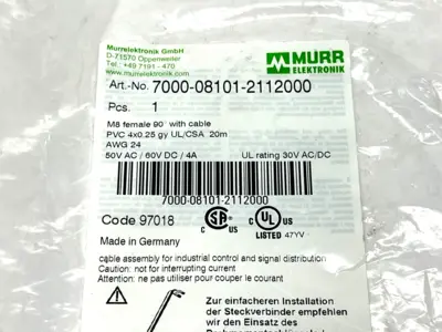 New | in-Stock Murrelektronik Single Ended M8 female 90° A-cod. with cable Cable & Wire Michigan US | Maverick Industrial Sales #1392935