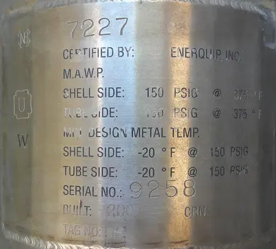 SPC9362  Heat Exchanger 35 sq.ft. Statco shell and tube heat exchanger, 150 psi shell, 150 psi internal, Stainless Steel