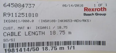 NEW REXROTH R911251818 CABLE IKG0011/000.0 IKG0011/18.75 18.75M IKG0011