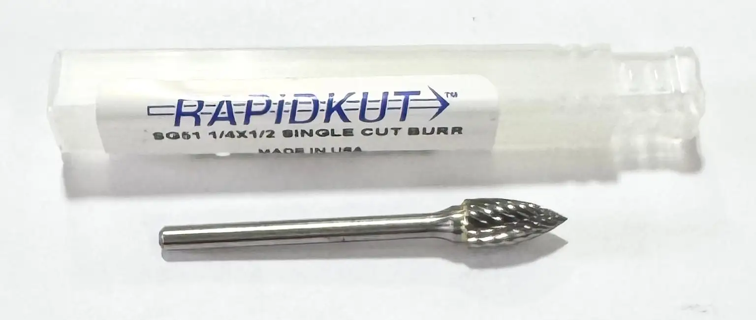 RapidKut 1/4" x 1/2" x 1/8" Carbide Burr SG51, Single Cut, Tree Pointed End USA