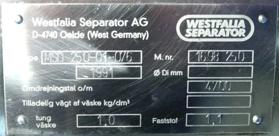 Westfalia MSD 250-01-076 milk separator, 316SS.