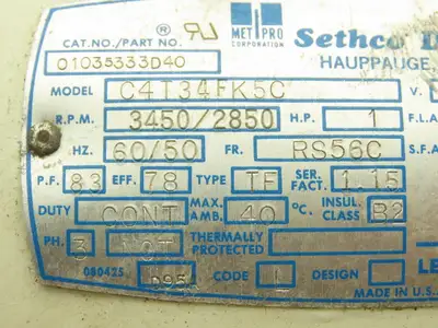 Leeson Sethco C4T34FK5C Pump Motor 1Hp 3450 RPM 230/460V 3PH RS56C 5/8"Shaft