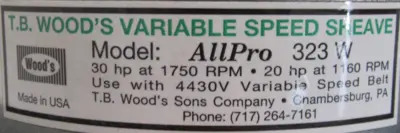 NEW TB WOODS AP323W VARIABLE SPEED 30HP ALL-PRO SHEAVE