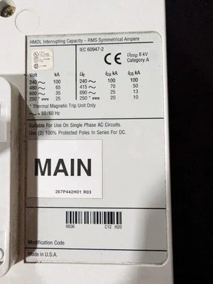 Eaton Cutler Hammer HMDL3800F HMDL 65k 800 Amp 3 Pole