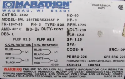 NEW MARATHON Z502 MOTOR 3HP 230V 1725 RPM 184T-95 184TBDR5326AF