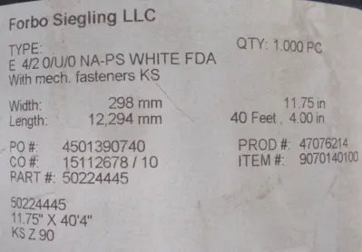 NEW FORBO SIEGLING 50224445 CONVEYOR BELT E4/20/U/0 NAPS WHITE W=11.75" L=40' 4"