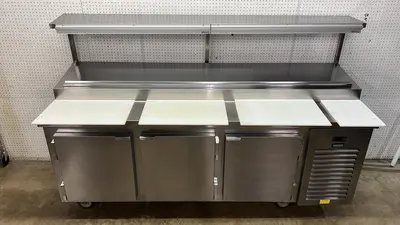 Used Kairak Used 91" Kairak KBP-91S 3 Door Refrigerated Stainless Steel Prep Table - 115V - JJ Food Prep Tables Illinois US | Falcon Restaurant Supply #1373551