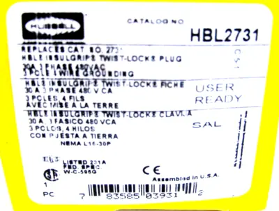 NEW HUBBELL HBL2731 TWIST LOCK PLUG