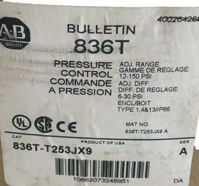 ALLEN BRADLEY 836T-T253JX9 PRESSURE SWITCH SER. A 0-150PSI NEW, SURPLUS