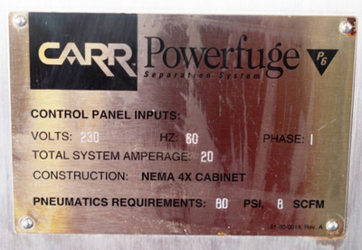 Carr P-6 Powerfuge biotech clarifier separation system.