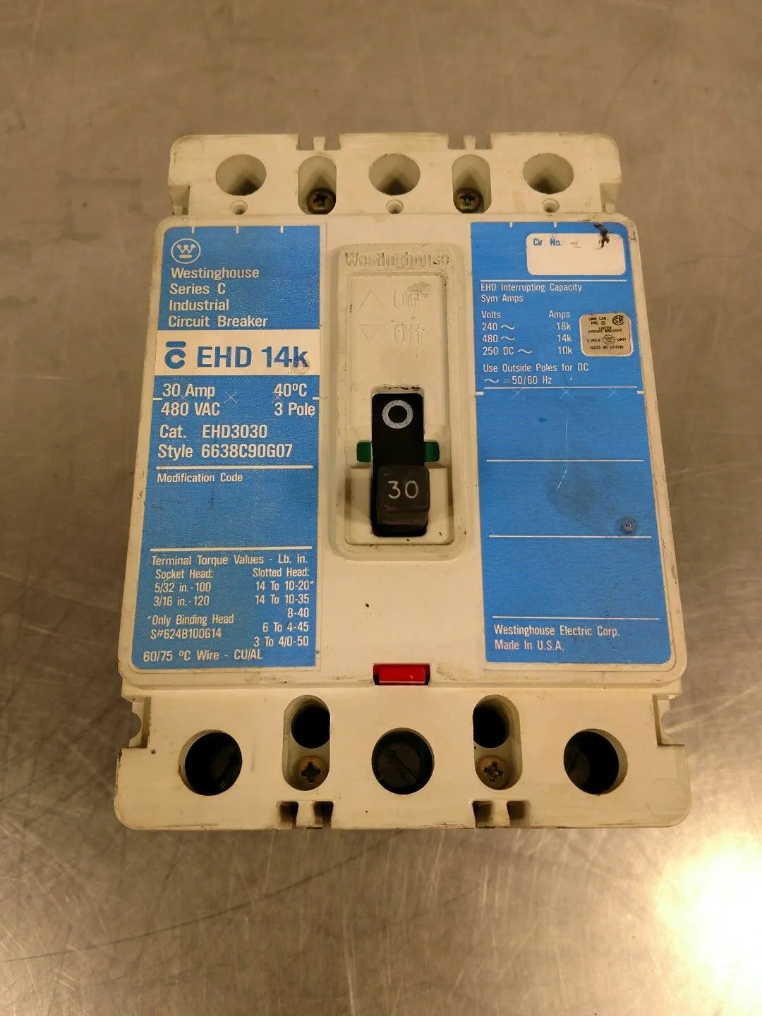 WESTINGHOUSE 30 AMP CIRCUIT BREAKER 3 POLE 480 VAC EHD14k 4E