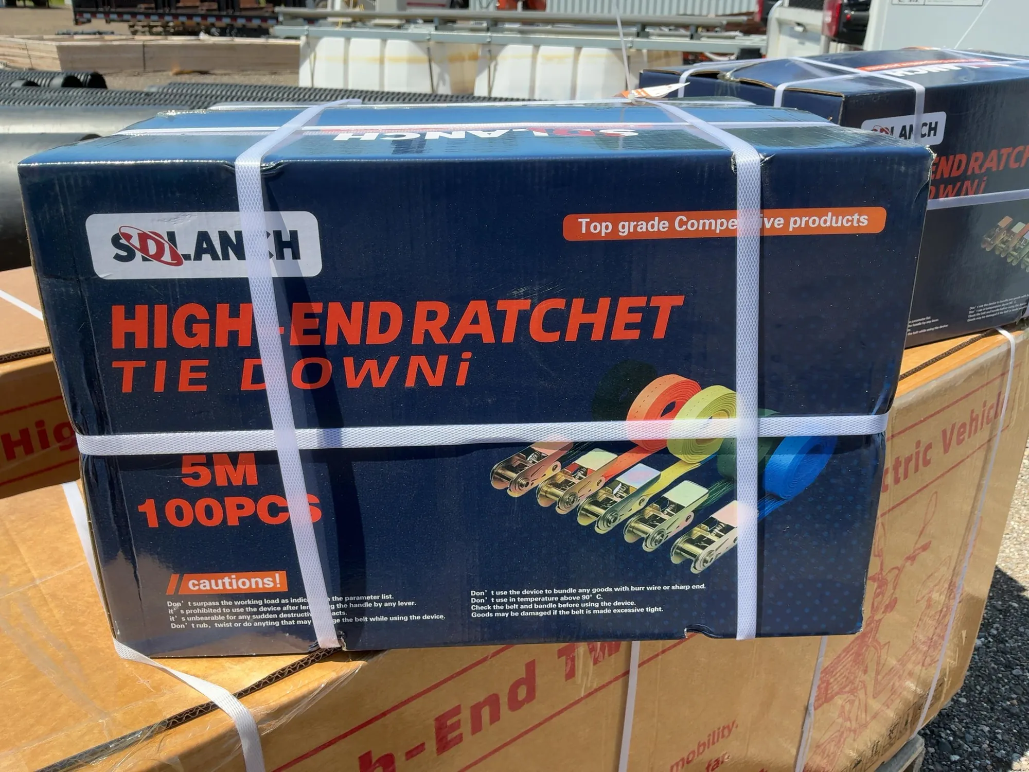 Lot of (100) New SDLANCH 1” Wide Straps with Ratchets Attached, 5 Meter Long, for looping around ite...