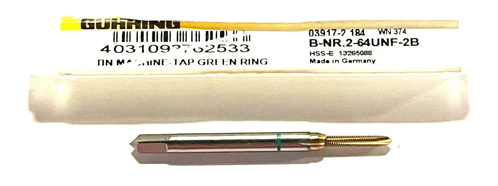GUHRING 2-64 Cobalt Spiral Point Plug Tap Tin Coated Green Ring 3 Flute Tap