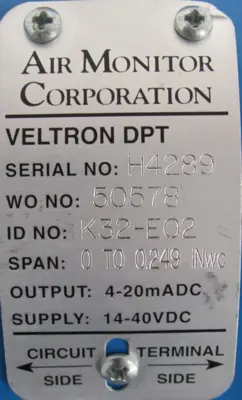 NEW AIR MONITOR CORP VELTRON DPT PRESSURE & FLOW TRANSMITTER 0-0.249 INwc