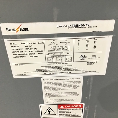 Federal Pacific 36B – T48LH10-75 Dry Type Transformer 75kVa 60Hz 3Phase 40°C Max