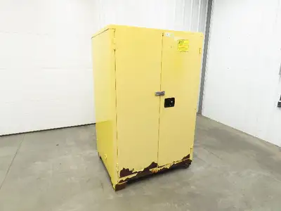 Jamco FM90 Safety Flammable Cabinet 60 Gallon Double Shelf Yellow Rusted Base