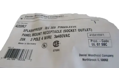 NEW DANIEL WOODHEAD 420R7 PIN&SLEEVE PANEL MOUNT RECEPTACLE 20A 3POLE