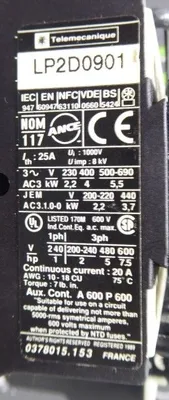 7.5 HP Telemecanique LP1 D0901 Reversing Contactor Assembly 1000V 8kV Used