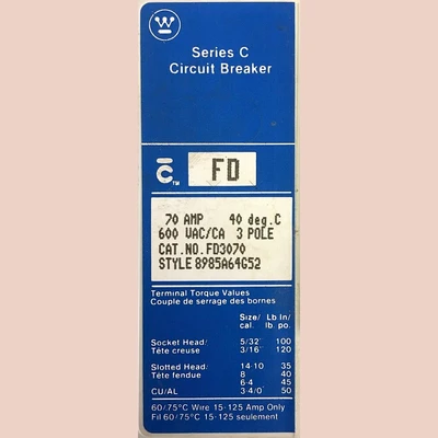 Westinghouse 3 Pole 70 Amp FD Breaker