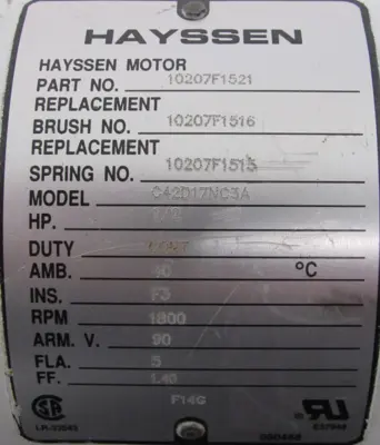 USED HAYSSEN 10207F1521 MOTOR 1/2HP 1800RPM 90V C42D17NC3A