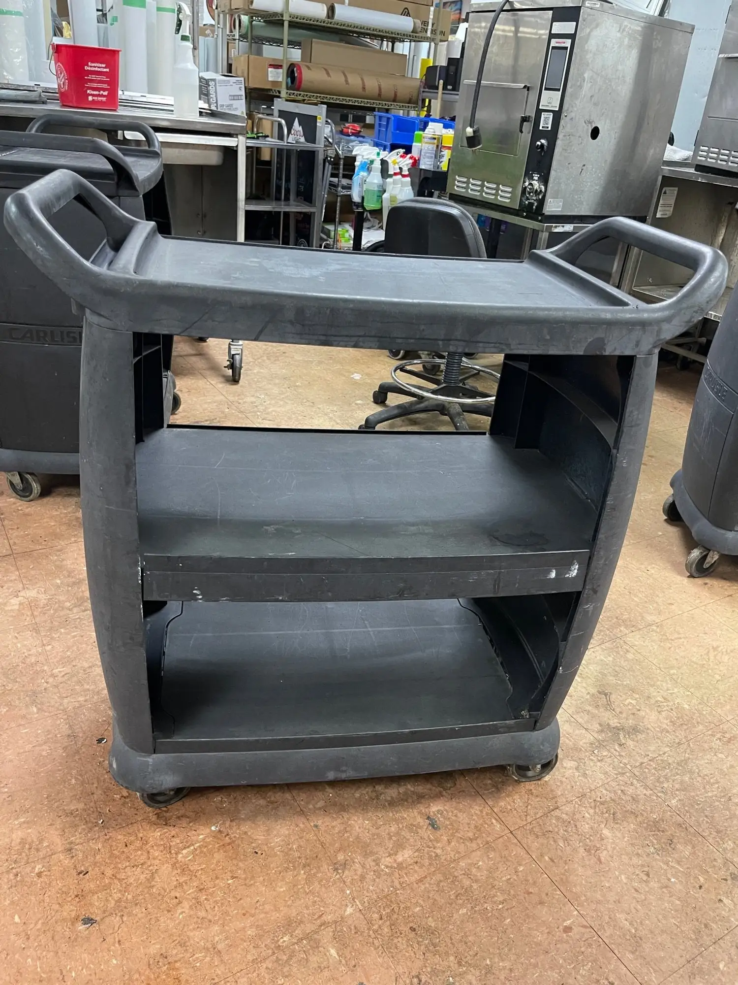 Used Carlisle Used Carlisle 3 Shelf Black Utility / Bus Cart 300 lb. Capacity - SS338 Restaurant Equipment (Miscellaneous) Illinois US | Falcon Restaurant Supply #1374984