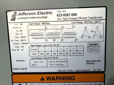 New 150 KVA Dry Type Transformer 480 Delta 240 Delta CT120 10 Year Warranty 423-9267-000 FREE SHIPPING