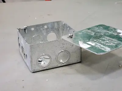 Square Outlet Box with Cover, Steel, 4X4X2-1/4, 14 Knockouts