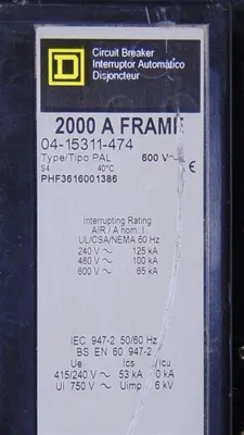 Square D PHF3616001386 Circuit Breaker 1600A 600VAC Auxiliary Gray Face Used