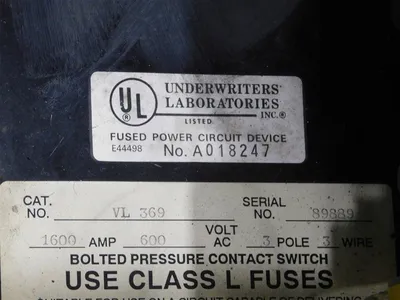 Boltswitch VL 369 Bolted Pressure Contact Switch 1600A 600VAC 3 Pole 3 Wire Used