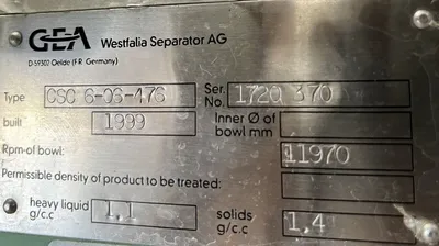Westfalia CSC 6-06-476 hydro-hermetic clarifier skid, 316L SS.