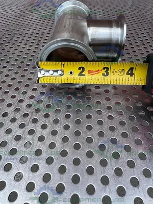 USED 3 WAY 316L STAINLESS STEEL TEE W/ 2" SANITARY FITTINGS & 2" CENTER
