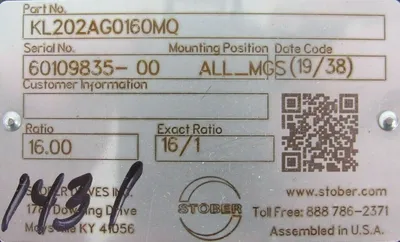 NEW STOBER KL202AG0160MQ GEAR REDUCER 16:1
