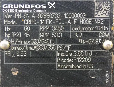 SPC9349  Pump Grundfos vertical centrifugal pump model CRI10-14 FK-FGJ-A-F-HQQE-NX2, 15 hp
