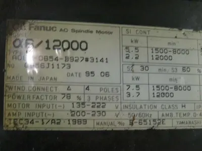GE Fanuc A06B-0854-B927#3141 AC Spindle Motor 135-222V 200-230V 4 Pole 3PH 36A