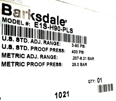 NEW BARKSDALE E1S-H90-PLS PRESSURE SWITCH E1SH90PLS
