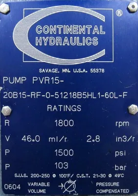 USED CONTINENTAL HYDRAULICS PVR15-20B15-RF-0-51218B5HL1-60L-F HYDRAULIC PUMP