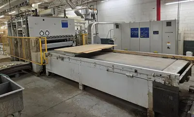 WEMHONER 5’ x 10’ SINGLE-OPENING SHORT-CYCLE FEED-THROUGH HOT PRESS WITH AUTOMATIC MATERIAL MEASURING/PRESSURE SYSTEM