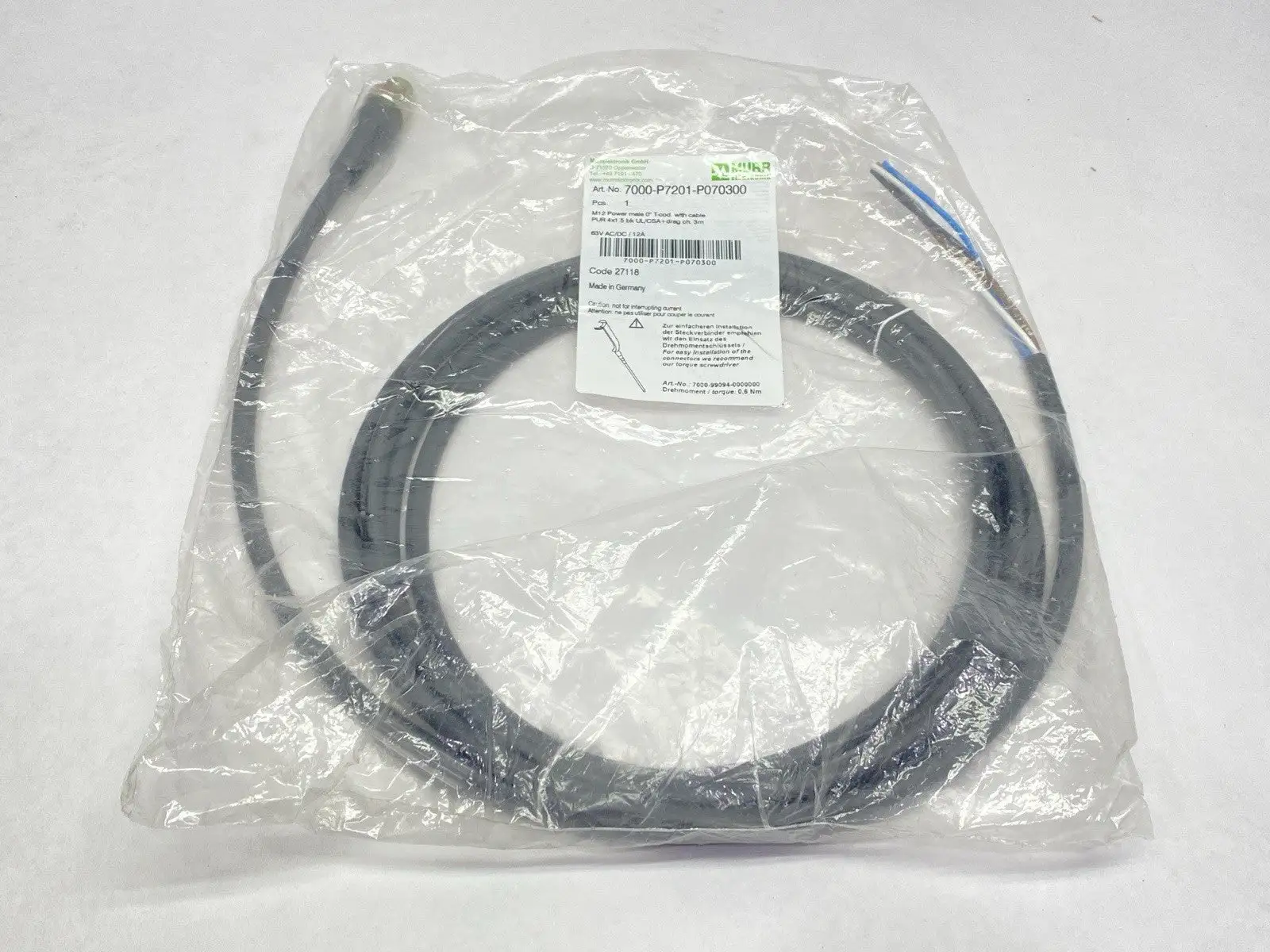 NEW MURR ELEKTRONIK SINGLE ENDED CORDSET MALE M12 4-PIN 3M
