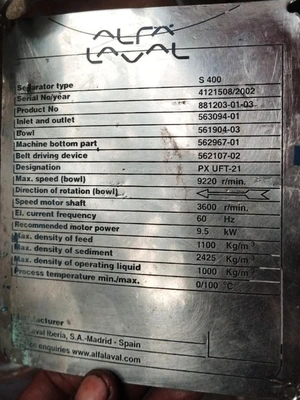 Alfa-Laval S-400 fuel/lube oil purifier, 316SS.