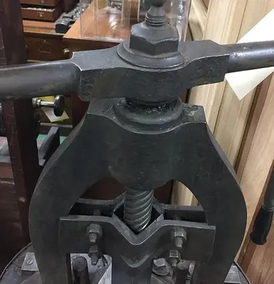 2644-385 Antique Rare Hand Operated Screw/Fly Press with Round Wood Base Circa 1880